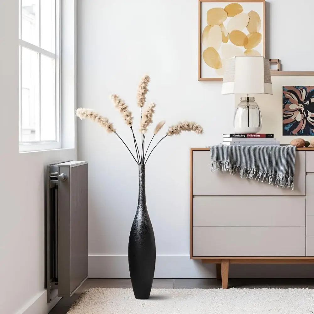 Large Decorative Modern Floor Vase - Black Silver Galaxy Ombre, Slim Neck, Weighted Base for Living Room, Entryway Home Decor