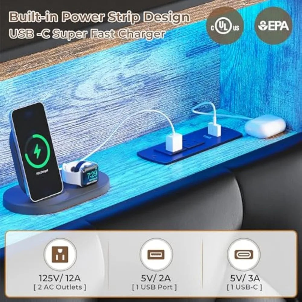 Queen Size Bed Frame with 3-Level Headboard, Storage and Upholstered LED Lighting, 4-Drawer Charging Station Included