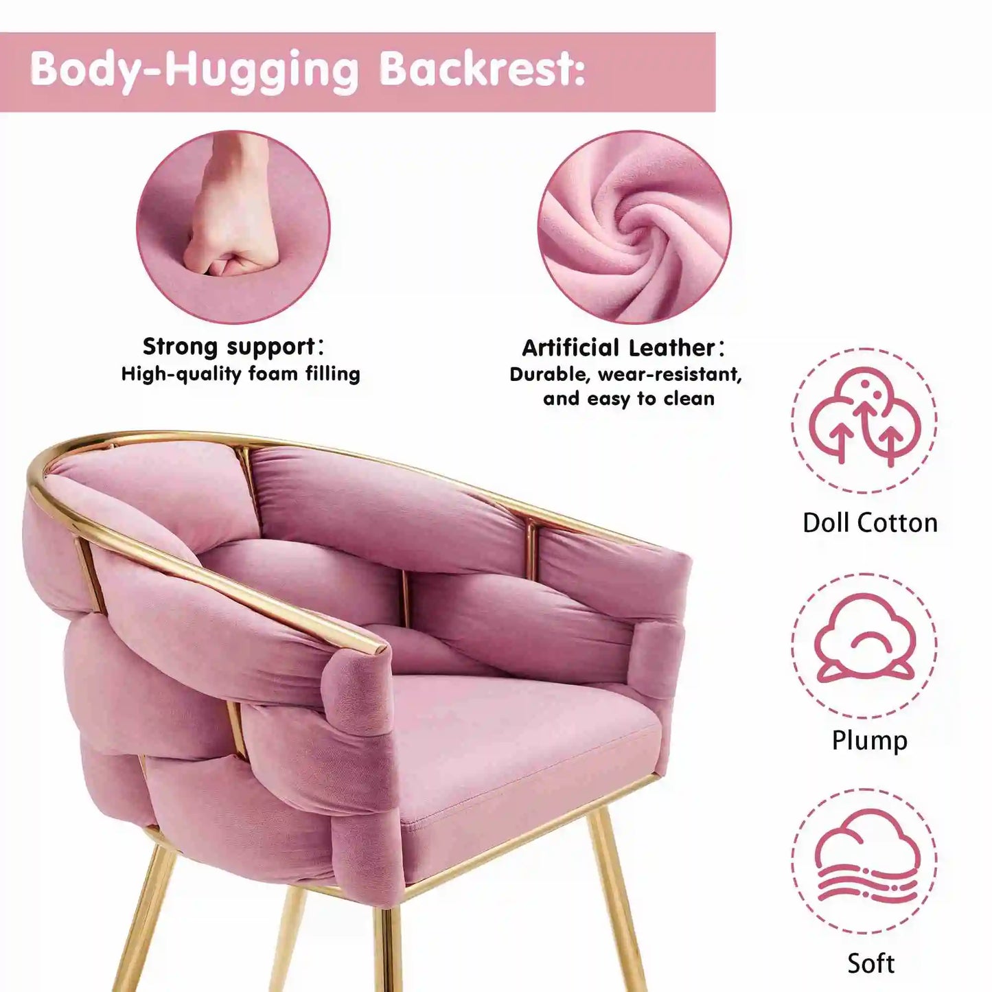 Accent Chair Metal Structure High Stability Velvet Fabric Metal Legs Pink Comfortable Upholstered Chair