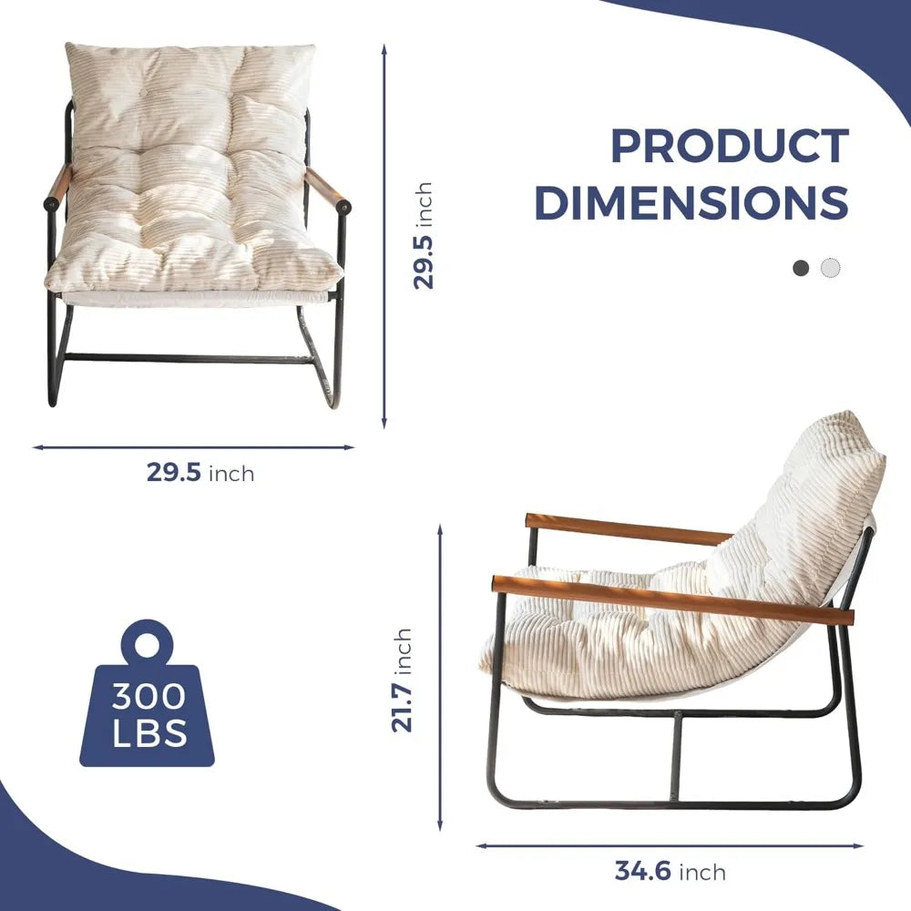 Modern Accent Chair, Comfy Living Room Chair with Metal Frame Wooden Armrest, Upholstered Armchair with Soft Cushion for Bedroom