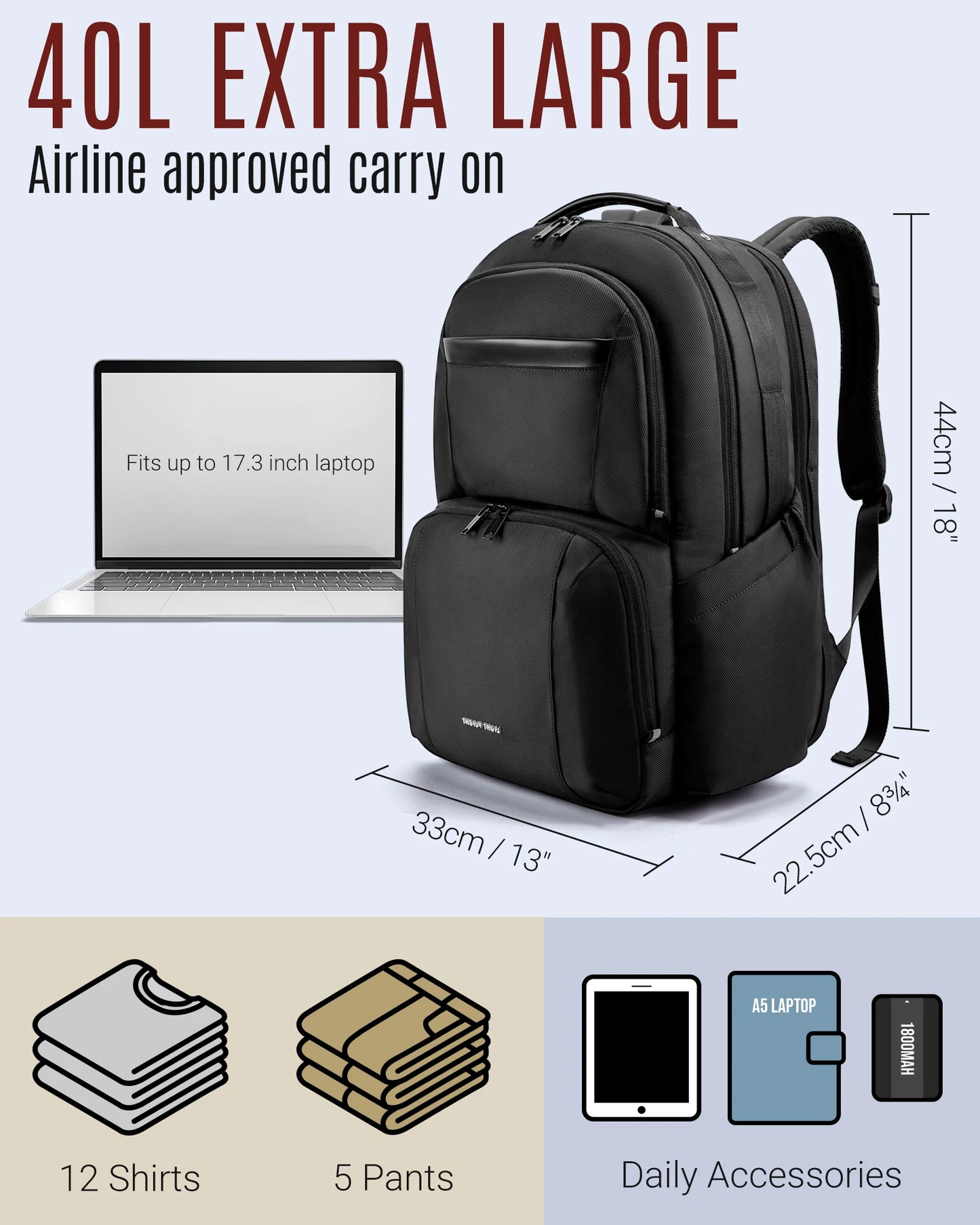 BAGSMART 40L Large Capacity Waterproof Backpacks USB Charging 17.3'' Laptop Bags Multifunctional Business Travel Bag for Men