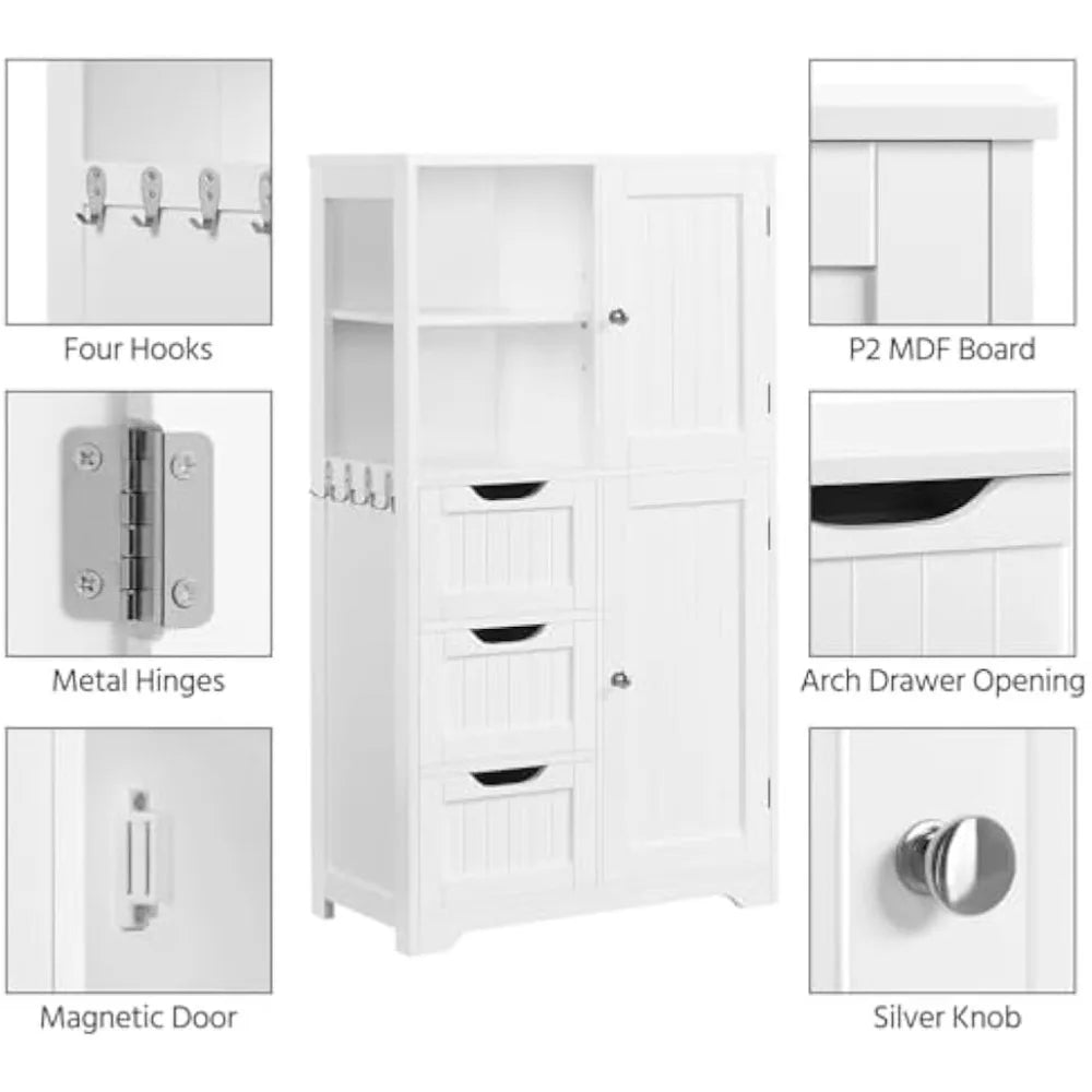 Bathroom Floor Cabinet 42″, Freestanding Storage Cabinet with 3 Drawers, 2 Open Shelves and 2 Doors, Wooden Storage Organizer w