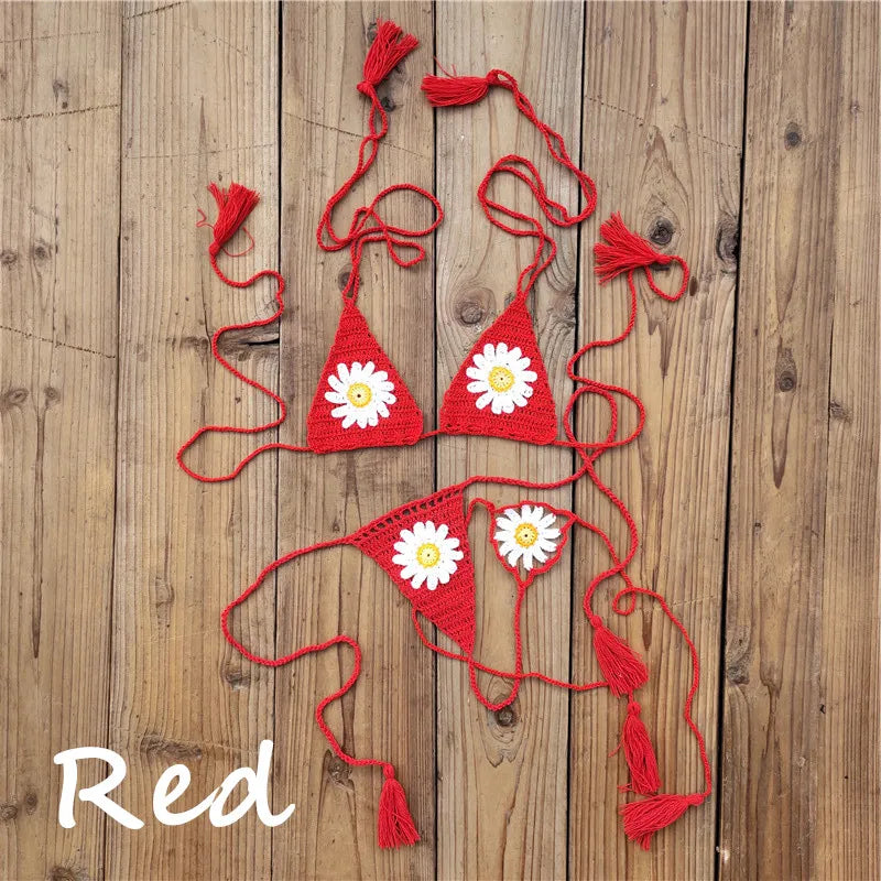 Hand crochet Cottom Thong String Daisy Applique Mini Bikini Swimwear Sunbathing Micro Swimwear