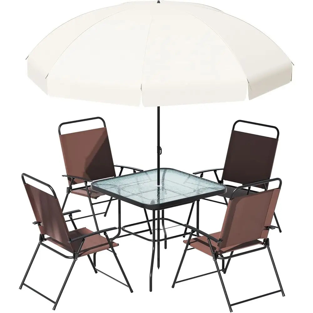 4-Person Outdoor Patio Furniture Set with Folding Chairs, Glass Table, and Umbrella for Lawn, Deck, Garden, Backyard - Brown