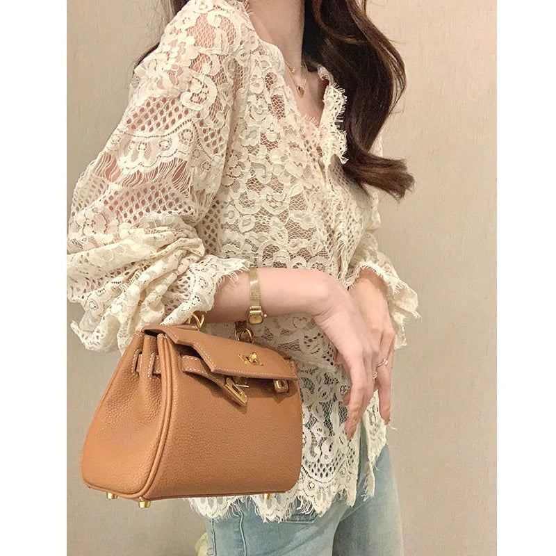 Women's Clothing 2024 Spring Autumn Sexy Hollow Out Lace Chic Vintage T-shirts Female Casual Solid V Neck Slim Long Sleeve Tops