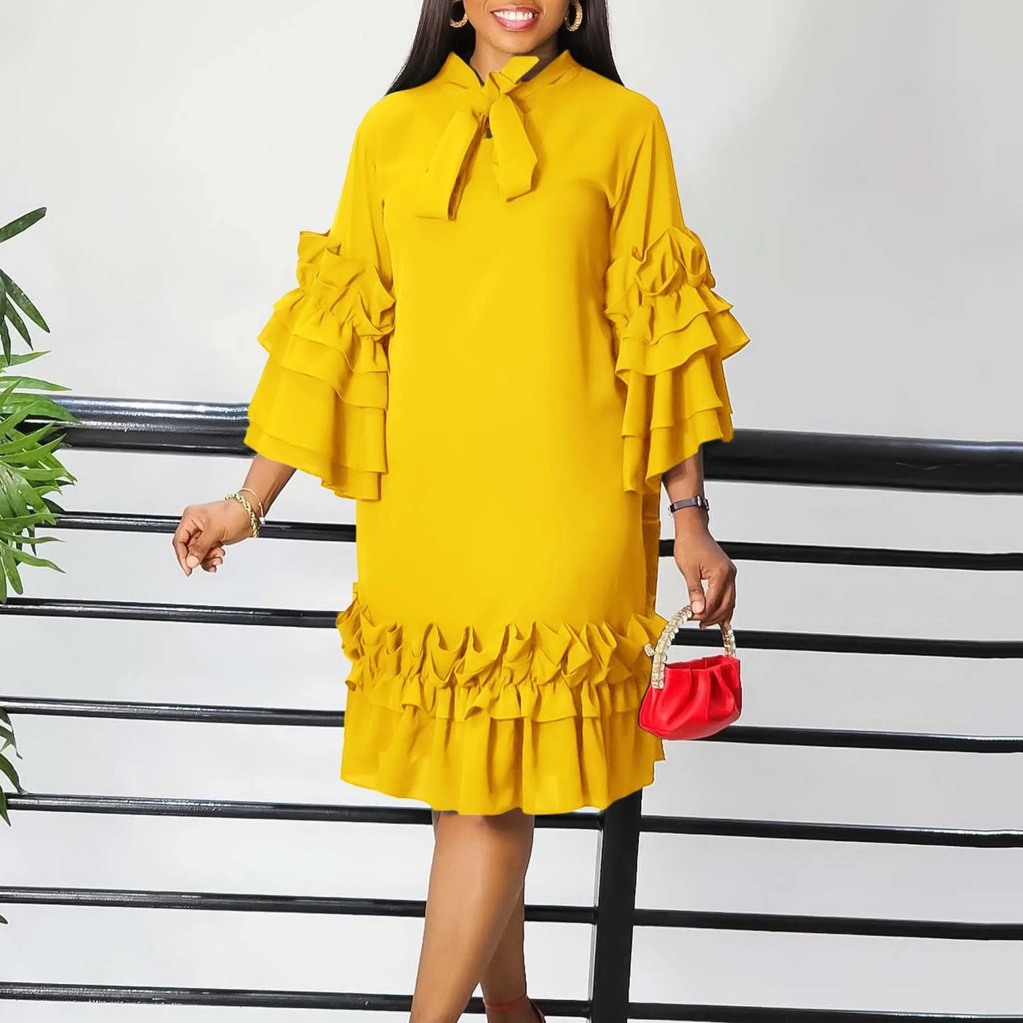 Women Dress Clothing 2024 New Arrivals Bow Collar Flare Sleeve Ruffles Straight Mid Calf Elegant Female Fashion Party Vestidos