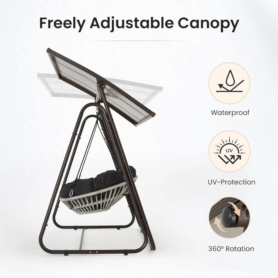 2Person Outdoor Porch Swing with Adjustable Hardtop Canopy 5.9 Thick Cushions WeatherResistant Rattan Patio Swing Chair with St