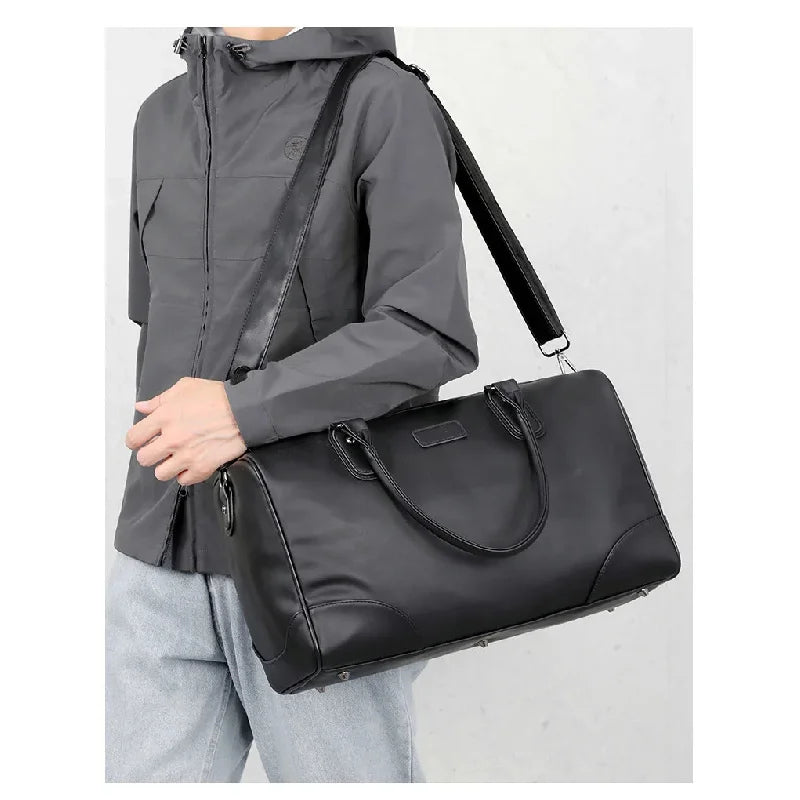 Travel Tote Men's Super Large Capacity PU Bag Business Trip Handbag Duffel Backpack Portable Single Shoulder Enlarged Black