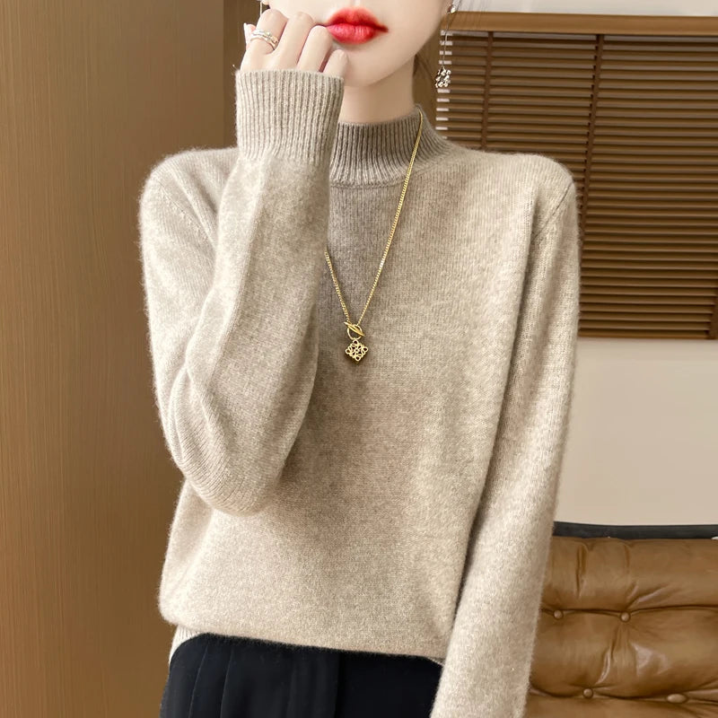 One Line Half Height 100% Andy Velvet Knitted Sweater For Women's Autumn And Winter New Top, Loose Long Sleeved Basic Style GH79