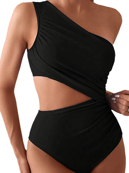 Sexy Solid One Shoulder Bikinis 2 Piece Set Women Split Swimsuit High Waist Beach Bikinis 2025 New Summer Swimwear Bikinis Set