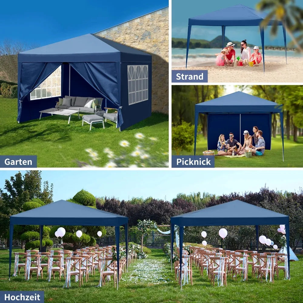 10' x 10' Folding Tent Gazebo Wedding Party Canopy Pop Up Instant Shelter W/ Two Doors & Two Windows and Carry Bag Blue