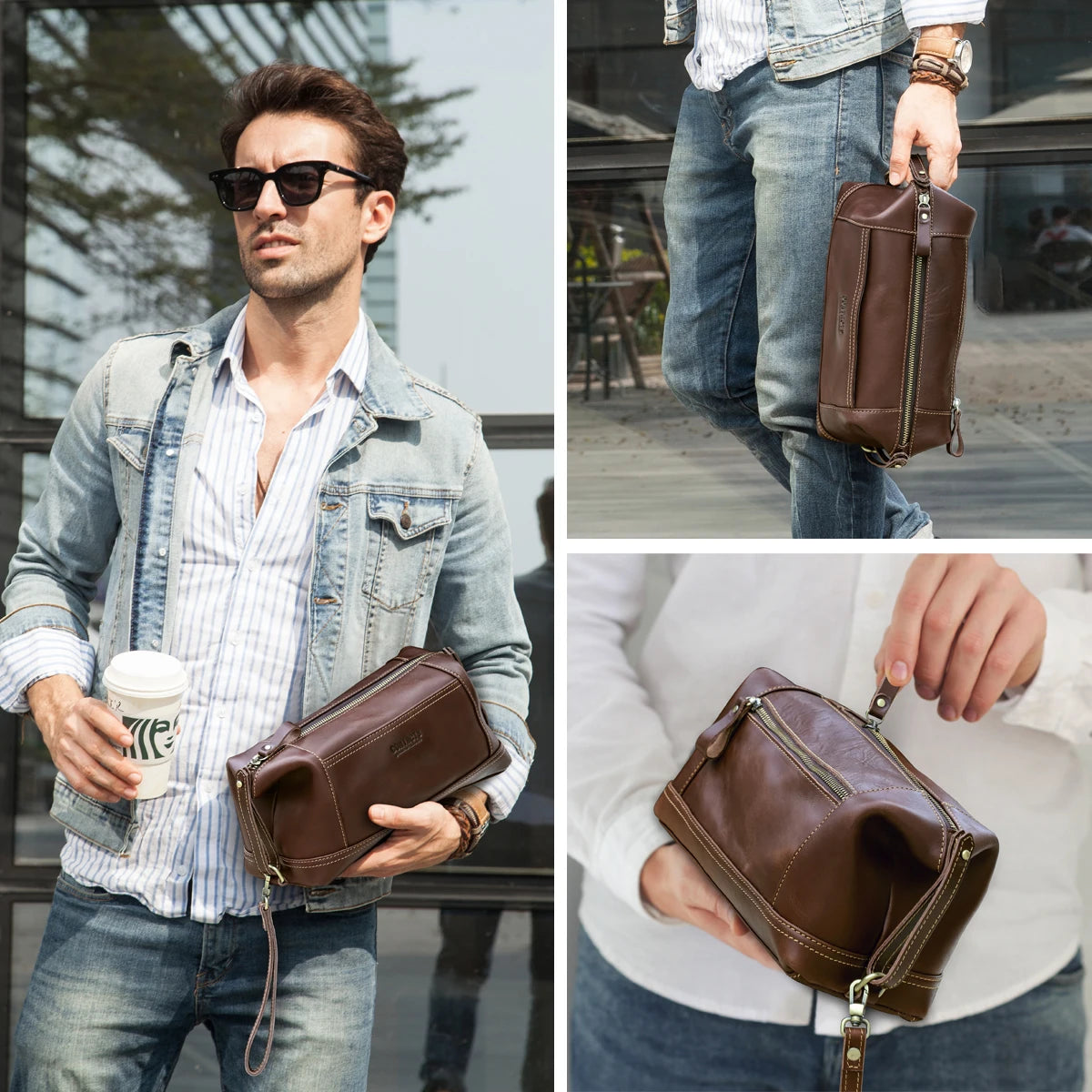 CONTACT'S Genuine Leather Clutch Bags for Men Vintage Men's Bag Handbag Wrist Strap Clutch Wallets Male Wash Bags Phone Pocket