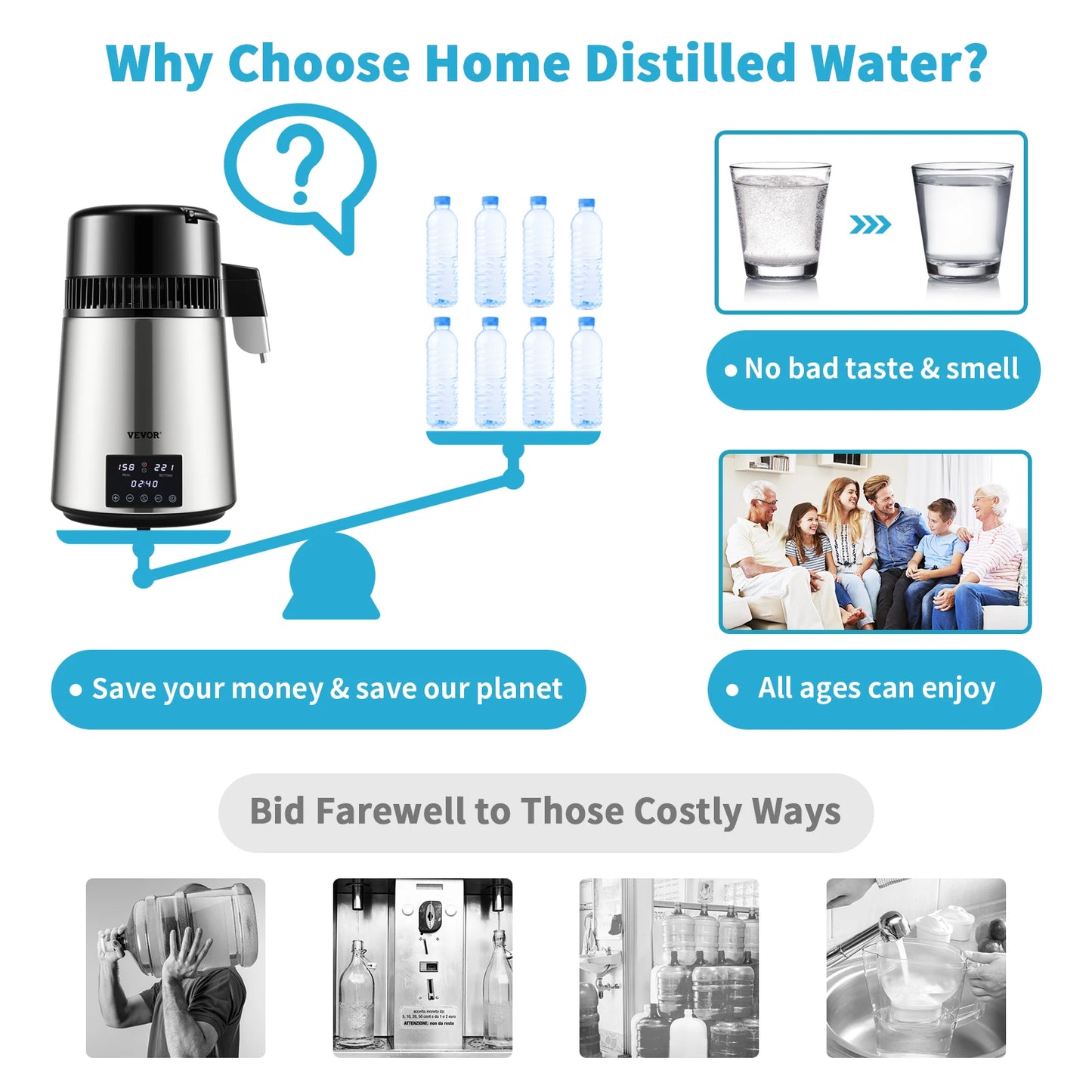 SucceBuy1.5L/HDistilling Speed 4L Water Distiller Treatmen Purifier Filter Touch Screen Time Setting 304Stainless Home Appliance