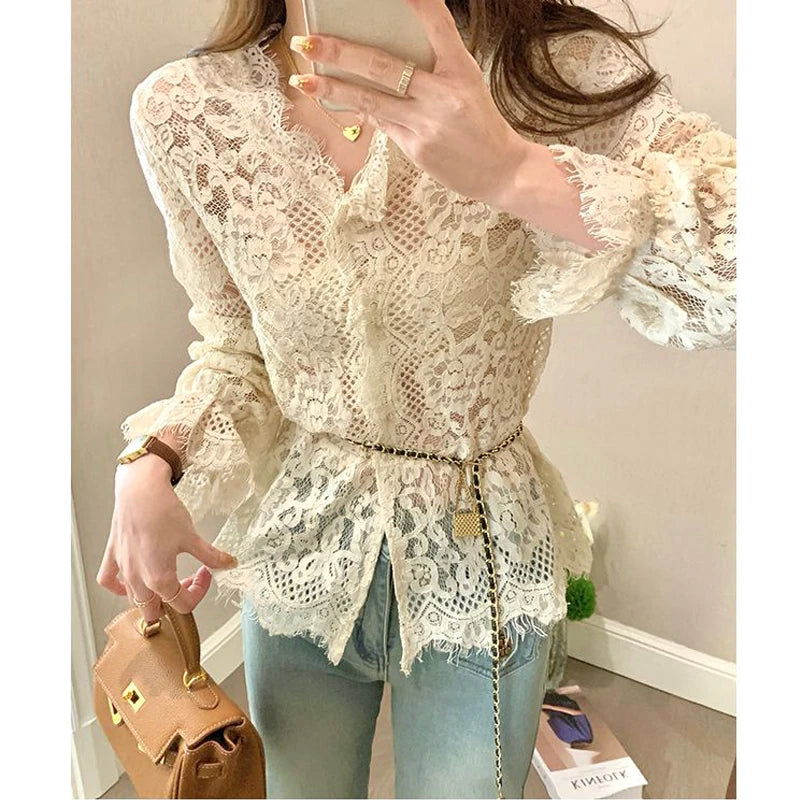 Women's Clothing 2024 Spring Autumn Sexy Hollow Out Lace Chic Vintage T-shirts Female Casual Solid V Neck Slim Long Sleeve Tops