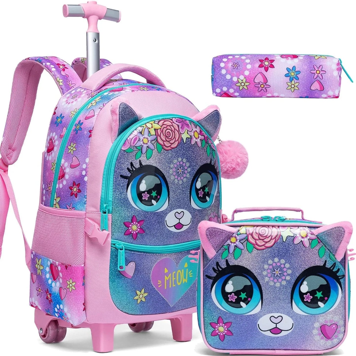Kids Rolling Backpack with Wheels Durable School Travel Luggage for Girl Lightweight Carry-On Trolley Bag with Adjustable Handle