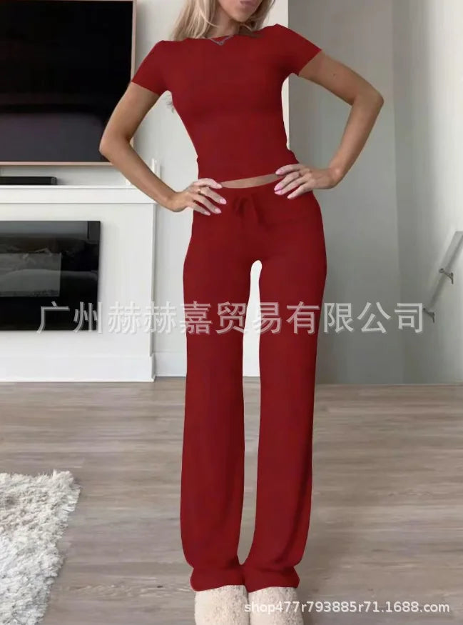 Spring Women's Two-piece Set 2025 New Casual Suit Short Sleeved Slim Fit Top Long Pants Home Wear Sportswear Yoga Wear For Women