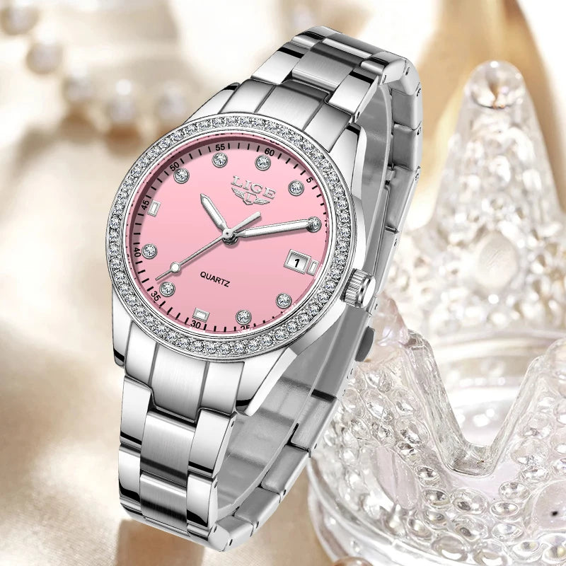 LIGE Top Brand Luxury Quartz Watches for Woman Retro Fashion Simple Elegant Calendar Casual Waterproof Diamond Women Wristwatch