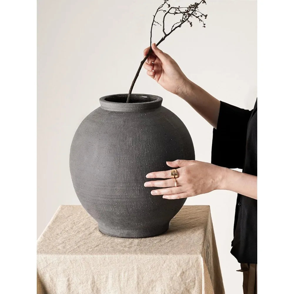 Large Round Black Ceramic Floor Vase, 12.5 Inch Tall, Ideal for Centerpieces and Rustic Minimalist Home Decor, Farmhouse Style A