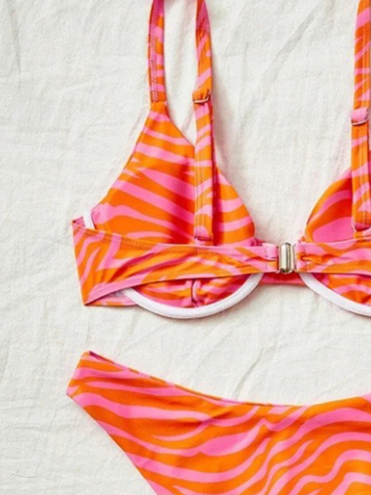 Sexy Fashion Striped Bikinis 2 Piece Set Women Split Swimsuit High Waist Beach Bikinis 2025 New Summer Swimwear Bikinis Set