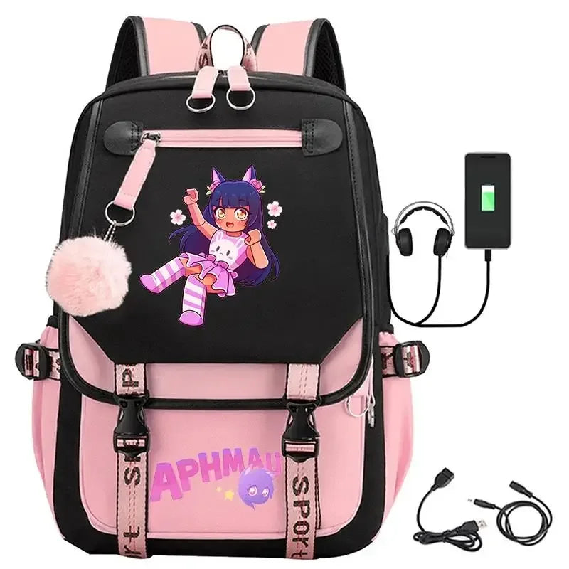 Aphmau print backpacks fashion USB charging school bags for teenage girls laptop bag cartoon bookbag students rucksack