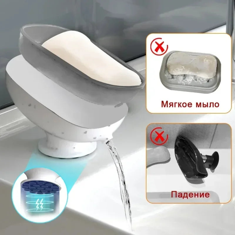 1pc Bathroom Washbasin Shelf Soap Box Household Non Perforated Double-layer Drain Suction Cup Non Slip Oval Soap Holder