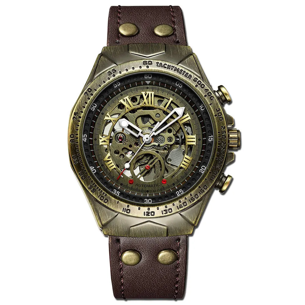 Men Mechanical Watch Business Retro Trend Bronze Leather Strap Automatic Mechanical Watch Waterproof Male Fashion Clock Watches