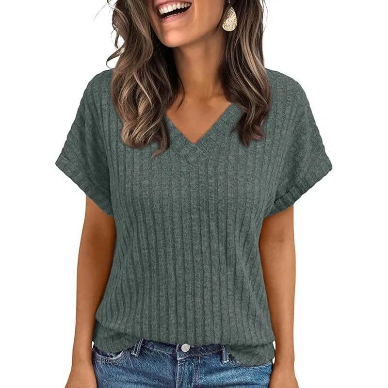 Women's Clothing Europe America All-match Knit T-shirt Summer 2025 New Casual Loose V-neck Short Sleeve Pullover Lady Solid Tops