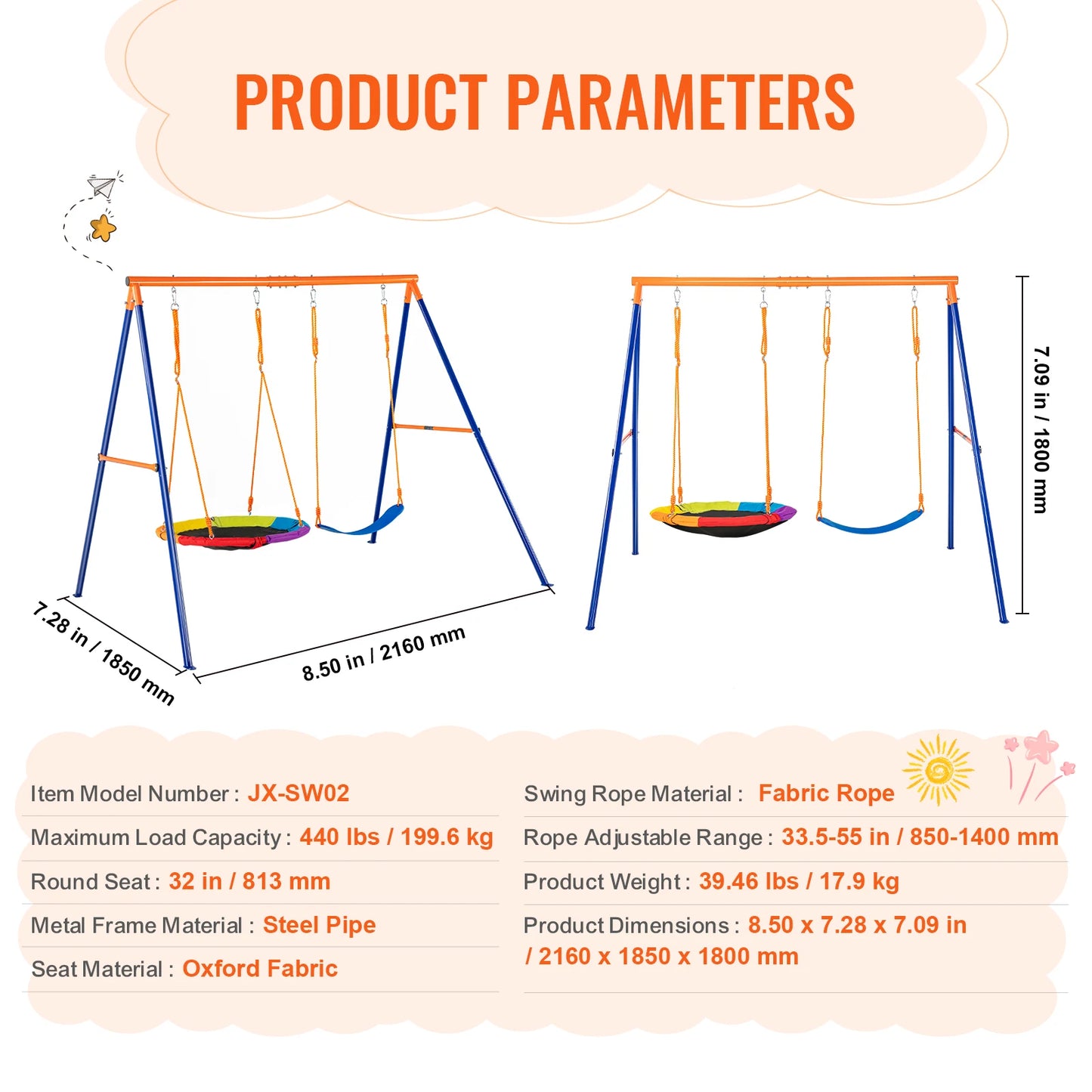 VEVOR Swing Sets for Backyard 600lbs Capacity Swing Set with 1 Saucer Swing Seat 2 Belt Swing Seats Swingset Outdoor for Kids