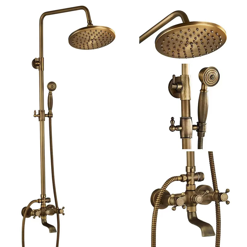 Antique Brass Bathroom Shower Faucet Sets Rainfall Head Wall Mounted Mixer Tap Hot and Cold Taps
