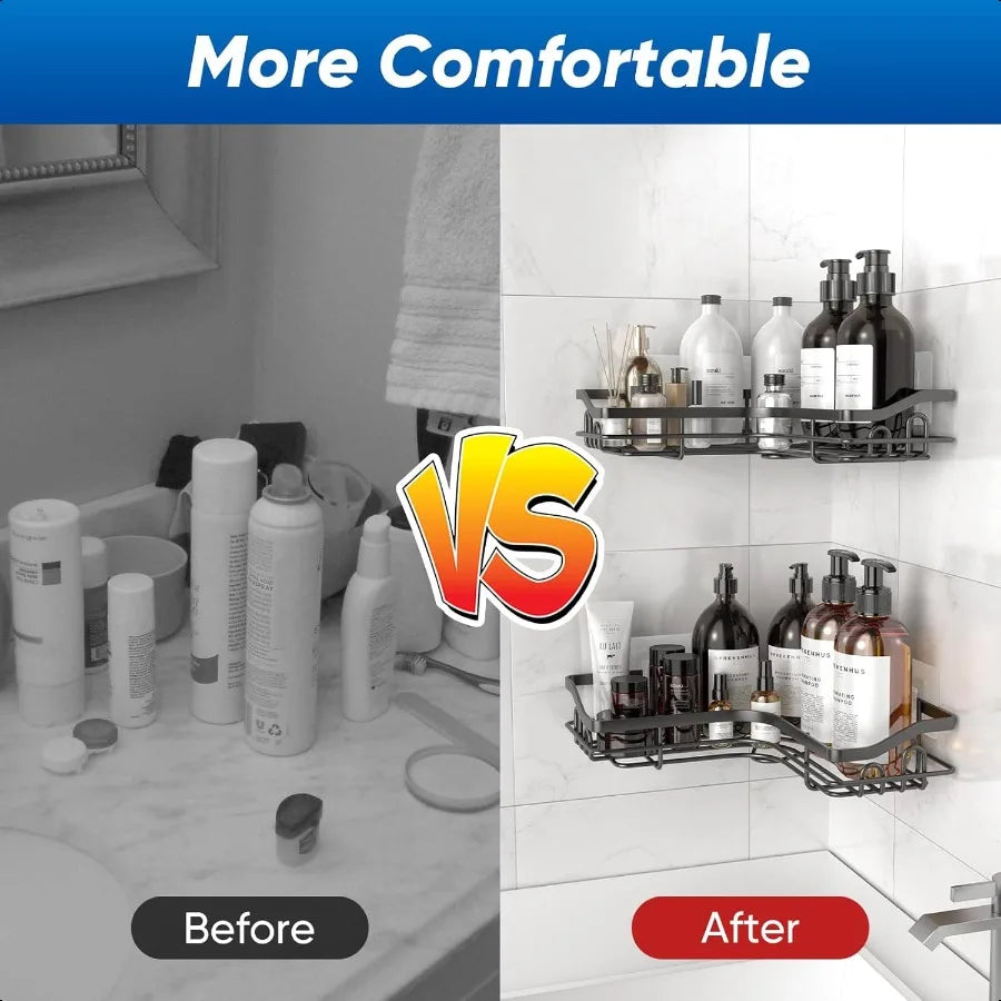 Black Corner Adhesive Shower Caddy Rustproof Stainless Steel Corner Shower Shelves for Bathroom Kitchen No Drilling Wall Mounte