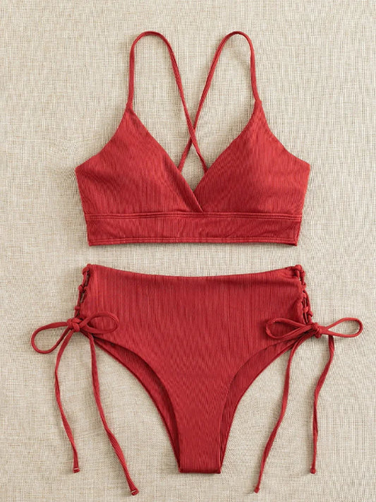 Sexy Solid V Neck Lace Up Bikinis 2 Piece Set Women Split Swimsuit High Waist Beach Bikinis 2025 New Summer Swimwear Bikinis Set