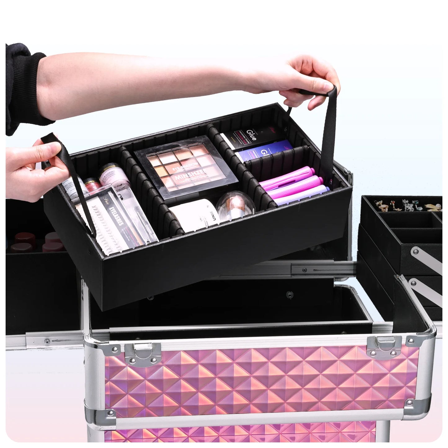 Rolling Makeup Train Case Large Storage Cosmetic Trolley 4 Tray with Sliding Rail Removable with Key Wheels Traveling Cart Trunk