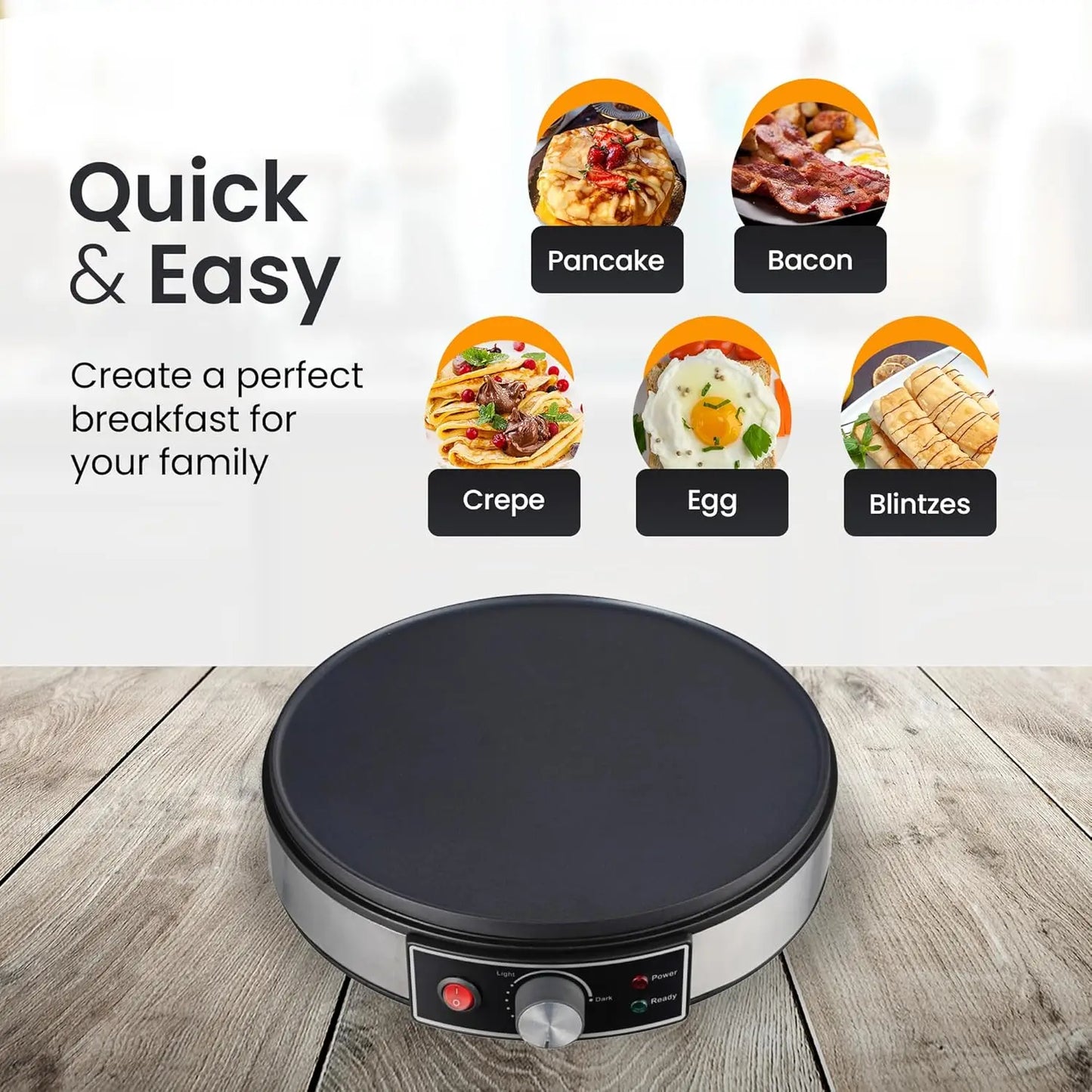 Electric Crepe Maker, Nonstick Multi-Function Tortilla Machine, Ideal for Crepes, Pancakes & Roti, Wooden Spatula & Batter Sprea