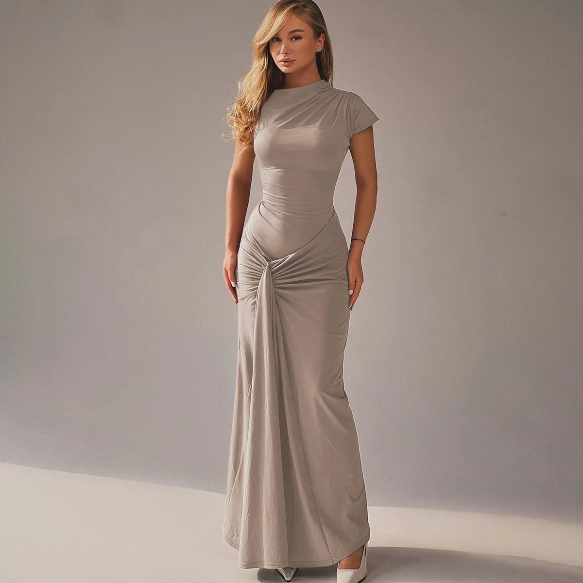 European and American Women's Clothing 2025 Summer New Fashion Elegant Slim Pleated Tie-waist Short-sleeved Dress