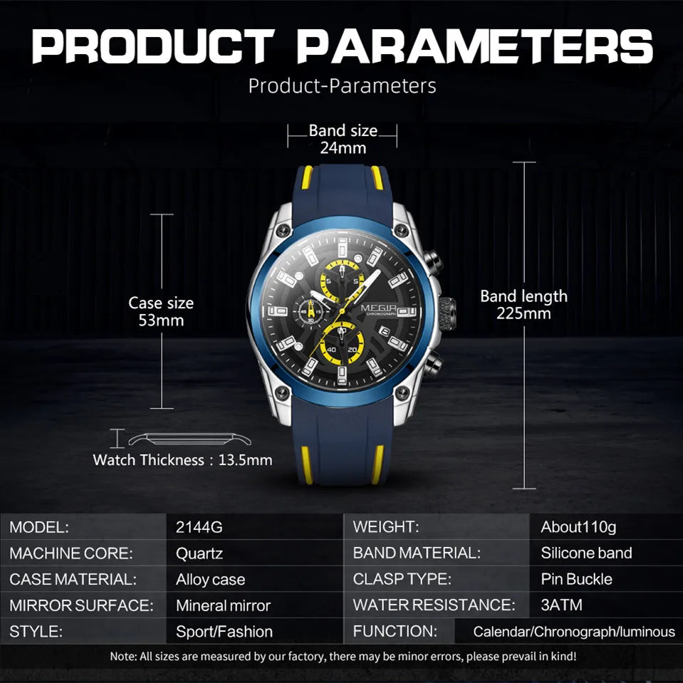 MEGIR Men's Watches Top Brand Luxury Sport Military Wristwatch Chronograph Luminous Date Quartz Watch Silicone Strap Male Clock