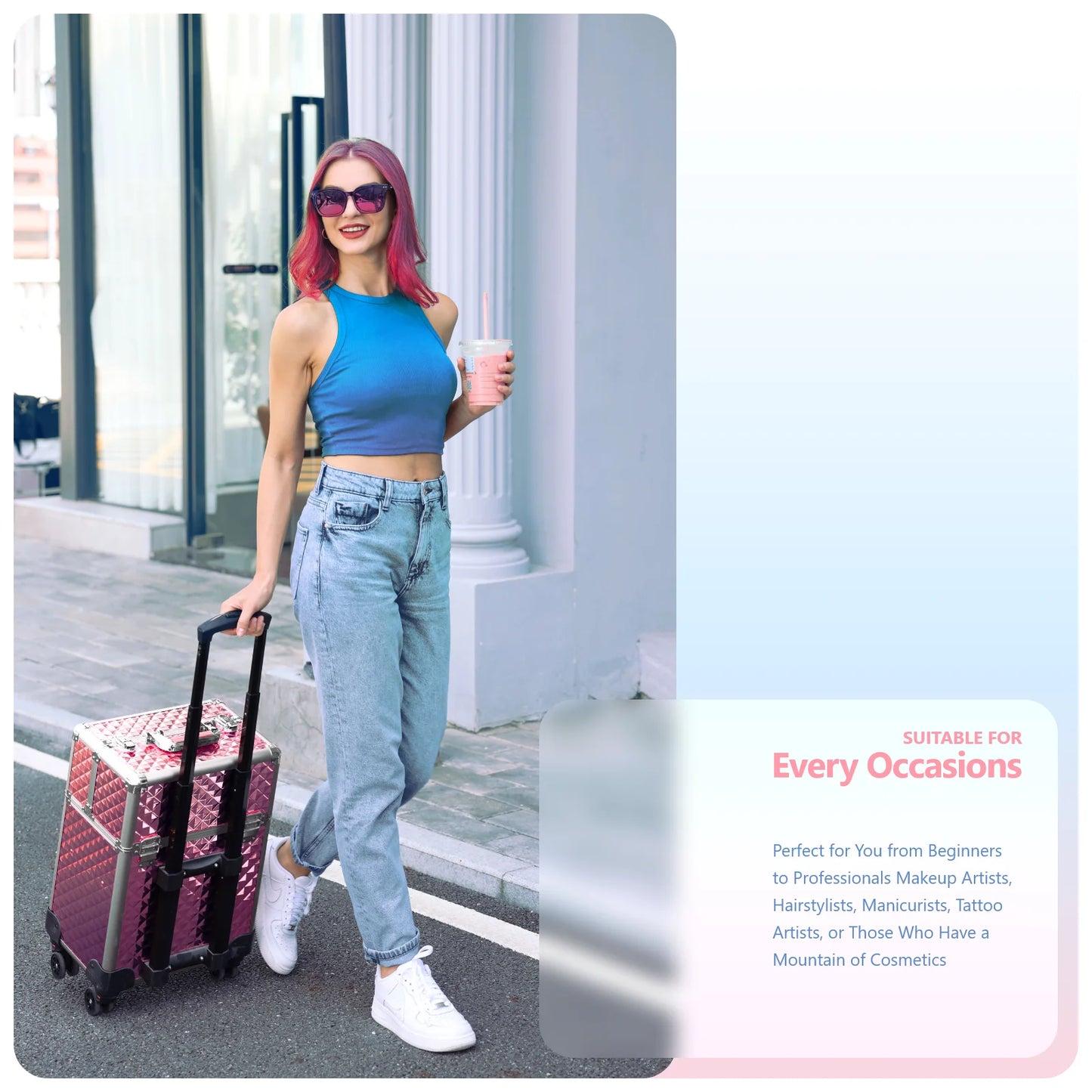 Rolling Makeup Train Case Large Storage Cosmetic Trolley 4 Tray with Sliding Rail Removable with Key Wheels Traveling Cart Trunk