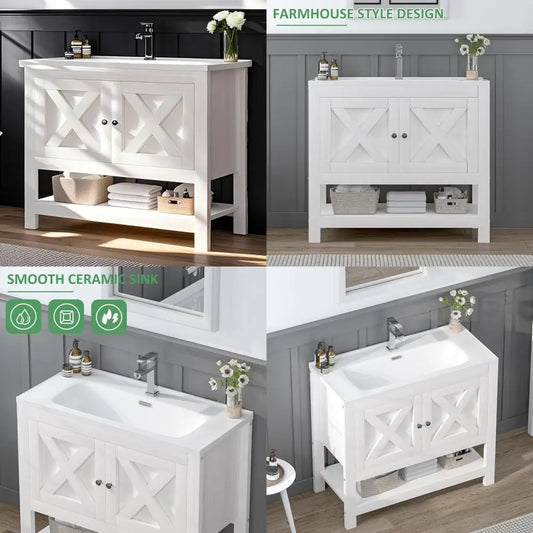 "35" modern farmhouse vanity with sink, freestanding cabinet, 2 doors & open shelf for bathroom