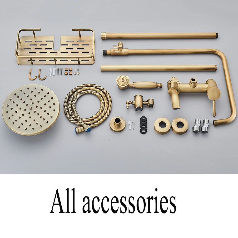 Antique Brass Bathroom Shower Faucet Sets Rainfall Head Wall Mounted Mixer Tap Hot and Cold Taps