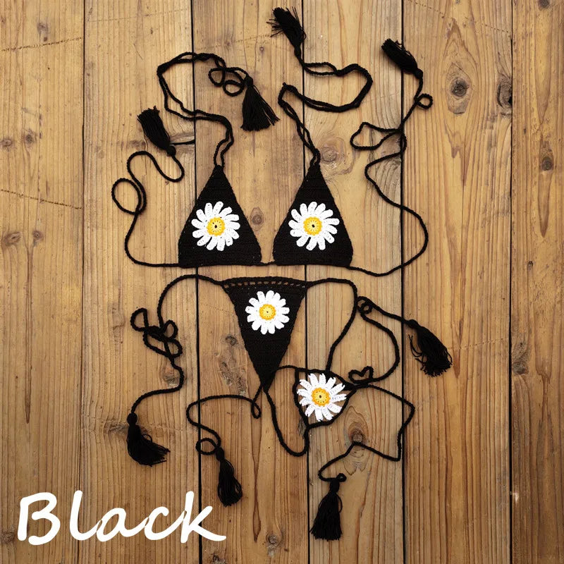 Hand crochet Cottom Thong String Daisy Applique Mini Bikini Swimwear Sunbathing Micro Swimwear