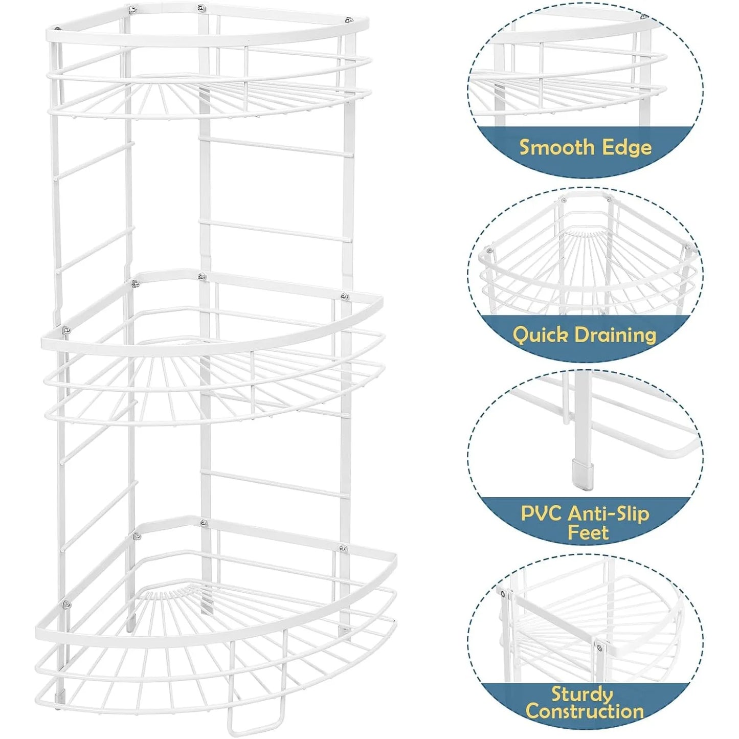 White 3-Tier Metal Corner Shelf Rustproof, Bathroom/Kitchen/Living Room Shower Storage Organizer w/Space-Saving Design