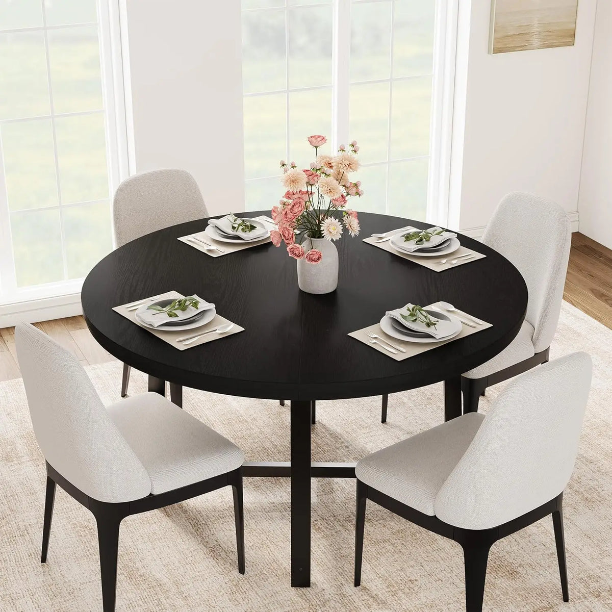 47" Round Industrial Dining Table - Rustic Wood Top w/Metal Frame, Seats 4-6 (No Chairs)