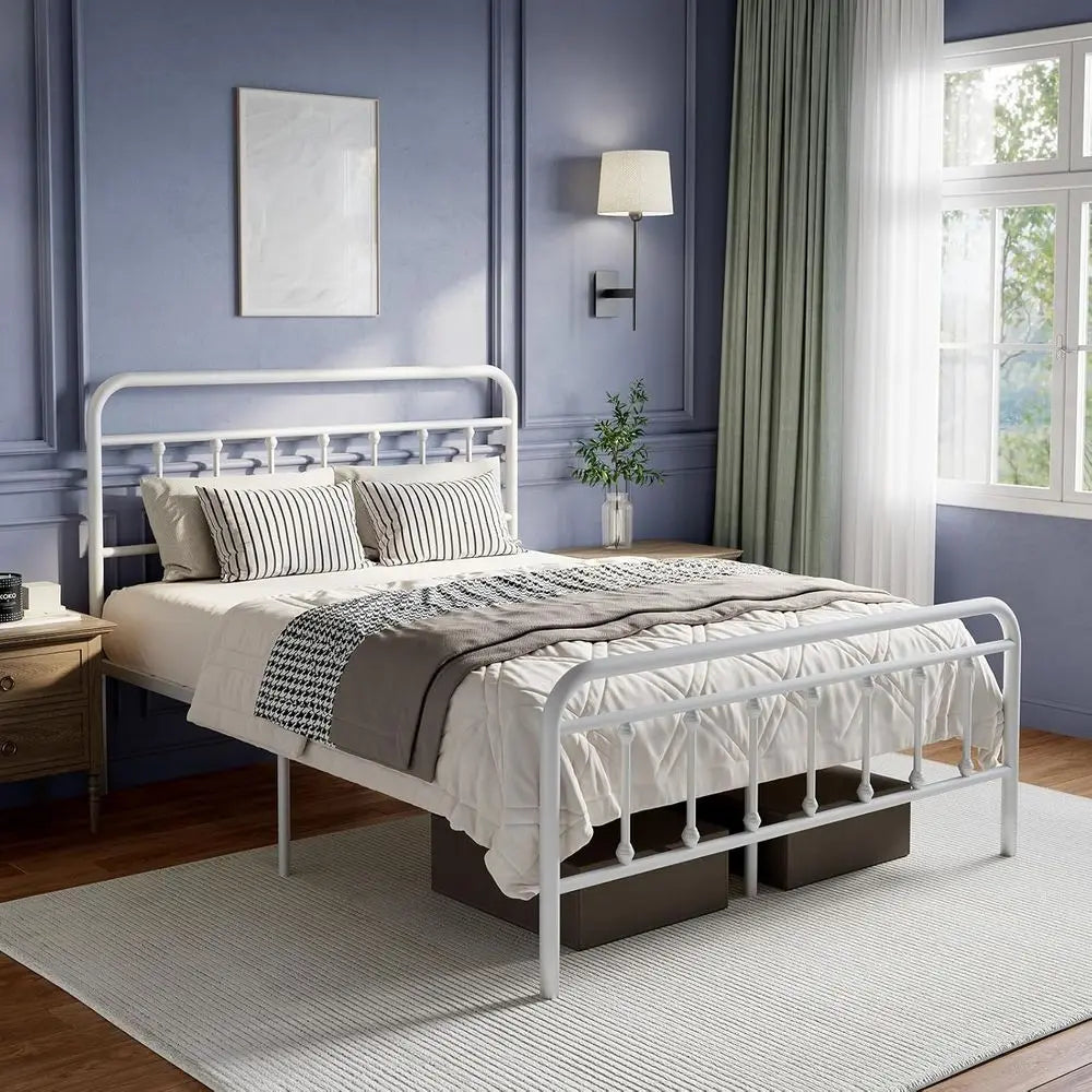 Queen Size Modern Victorian Metal Bed Frame - Sleek Minimalist Style, Headboard/Footboard, Steel Slats, Storage, Easy Assembly,