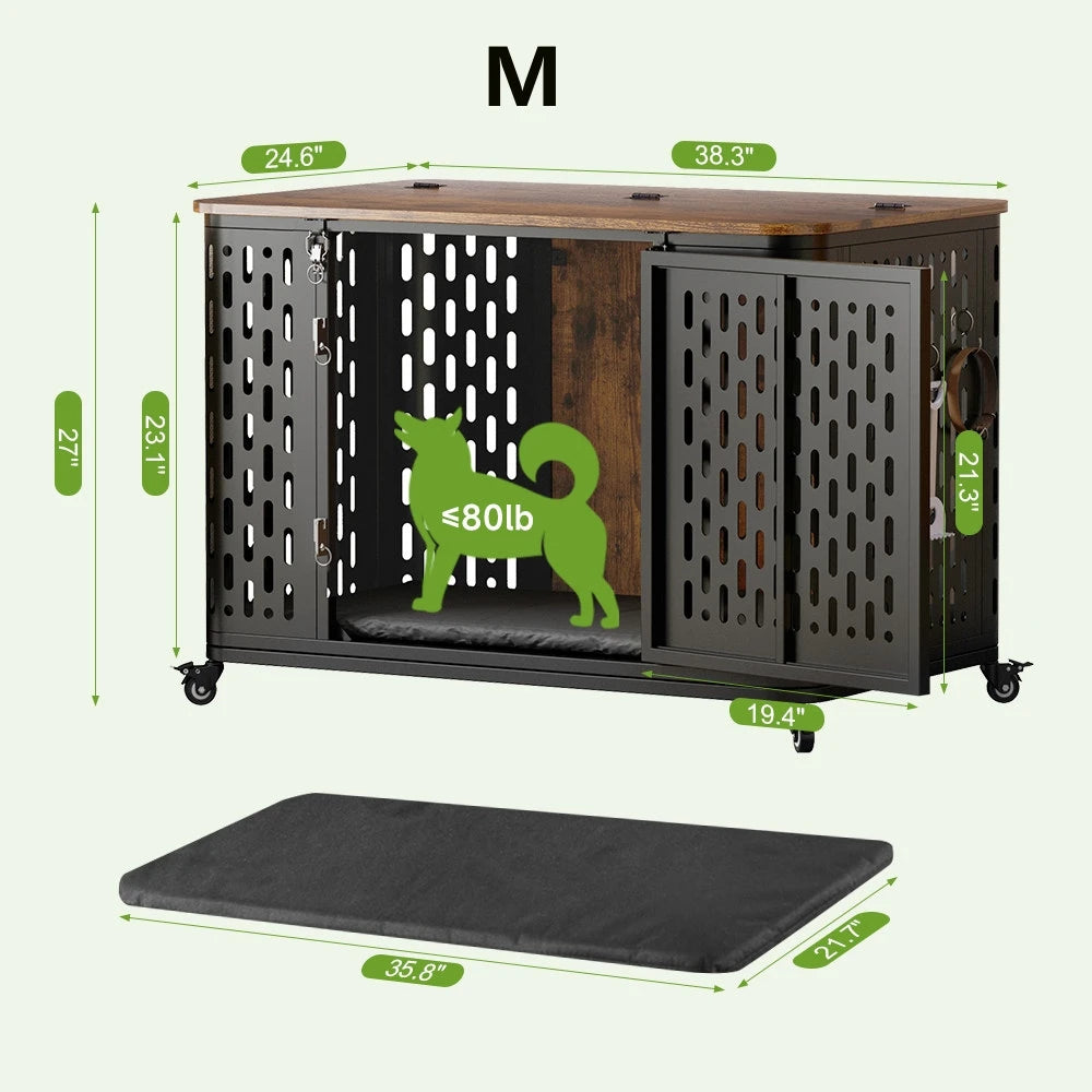 Dog Crate Pet Furniture with Cushion Wood Dog Kennel with Flexible Wheels Multi-Purpose Dog Cage for Large Small Medium Dogs