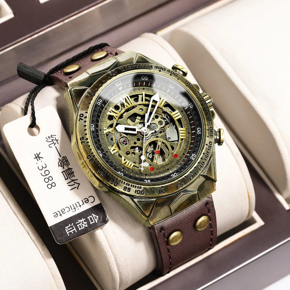 Men Mechanical Watch Business Retro Trend Bronze Leather Strap Automatic Mechanical Watch Waterproof Male Fashion Clock Watches