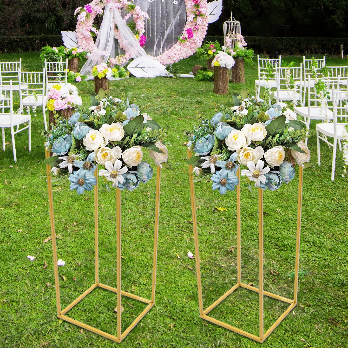 2pcs Metal Flower Floor Vase, 60cm Tall Column Centerpiece Stand Geometric Plant Holder for Floral Wedding Table Party Decor