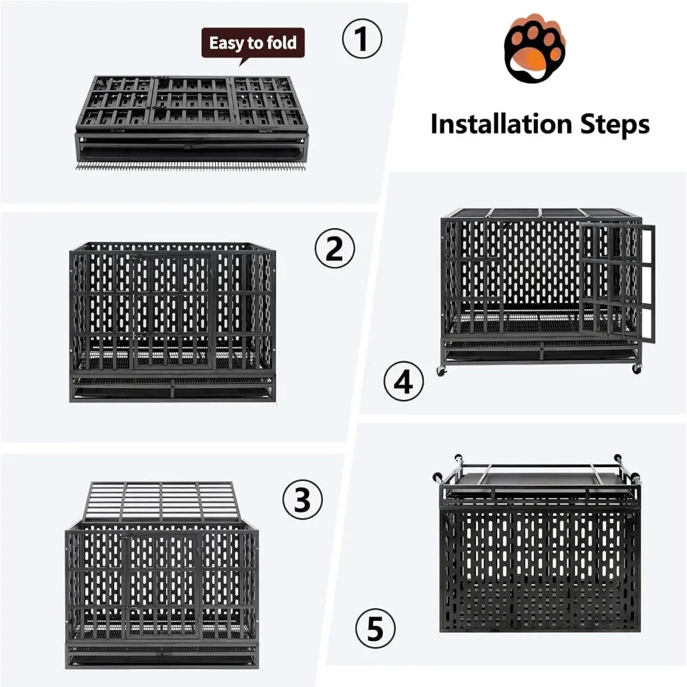48/42 inch heavy duty indestructible dog crate steel escape proof, indoor double door high anxiety cage, kennel with wheels, rem