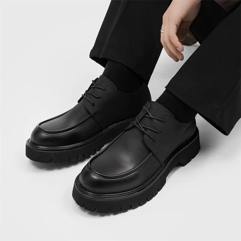 Men's Leather Shoes Black Round Toe Thick Sole Platform Male Casual Brogue Shoe Footwear Offer Designer Classic Original Retro