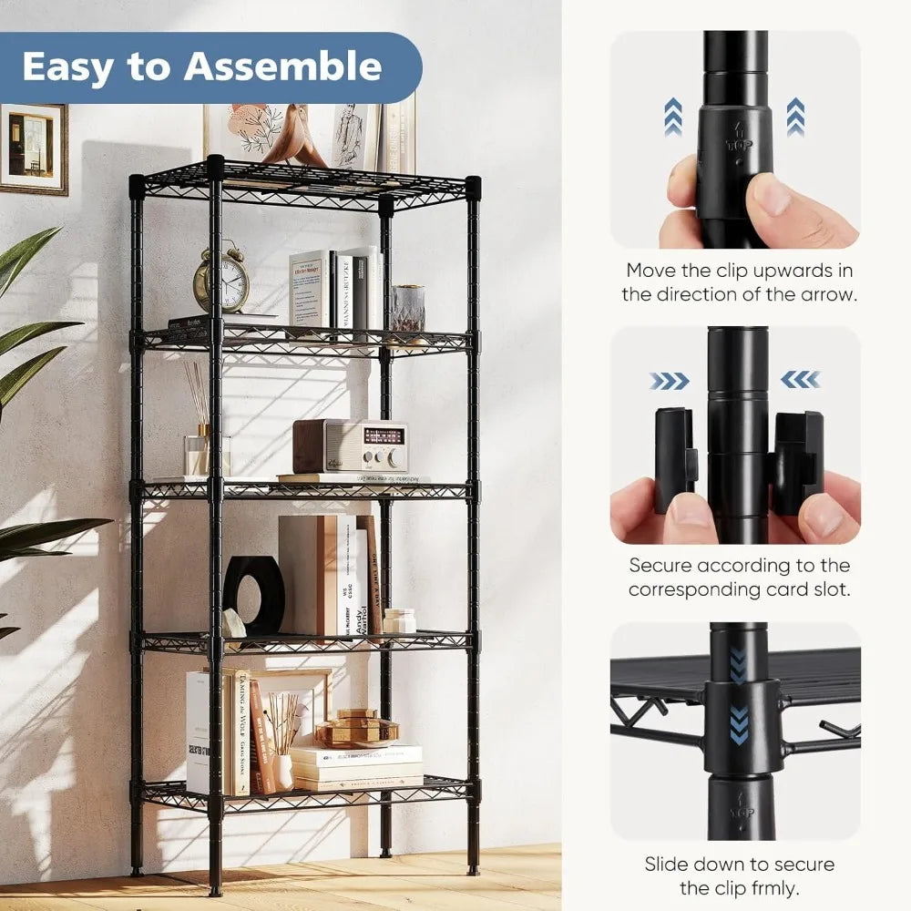 5-Tier Adjustable Metal Wire Storage Shelves, Heavy Duty Steel Rack for Kitchen Bathroom Garage, Black