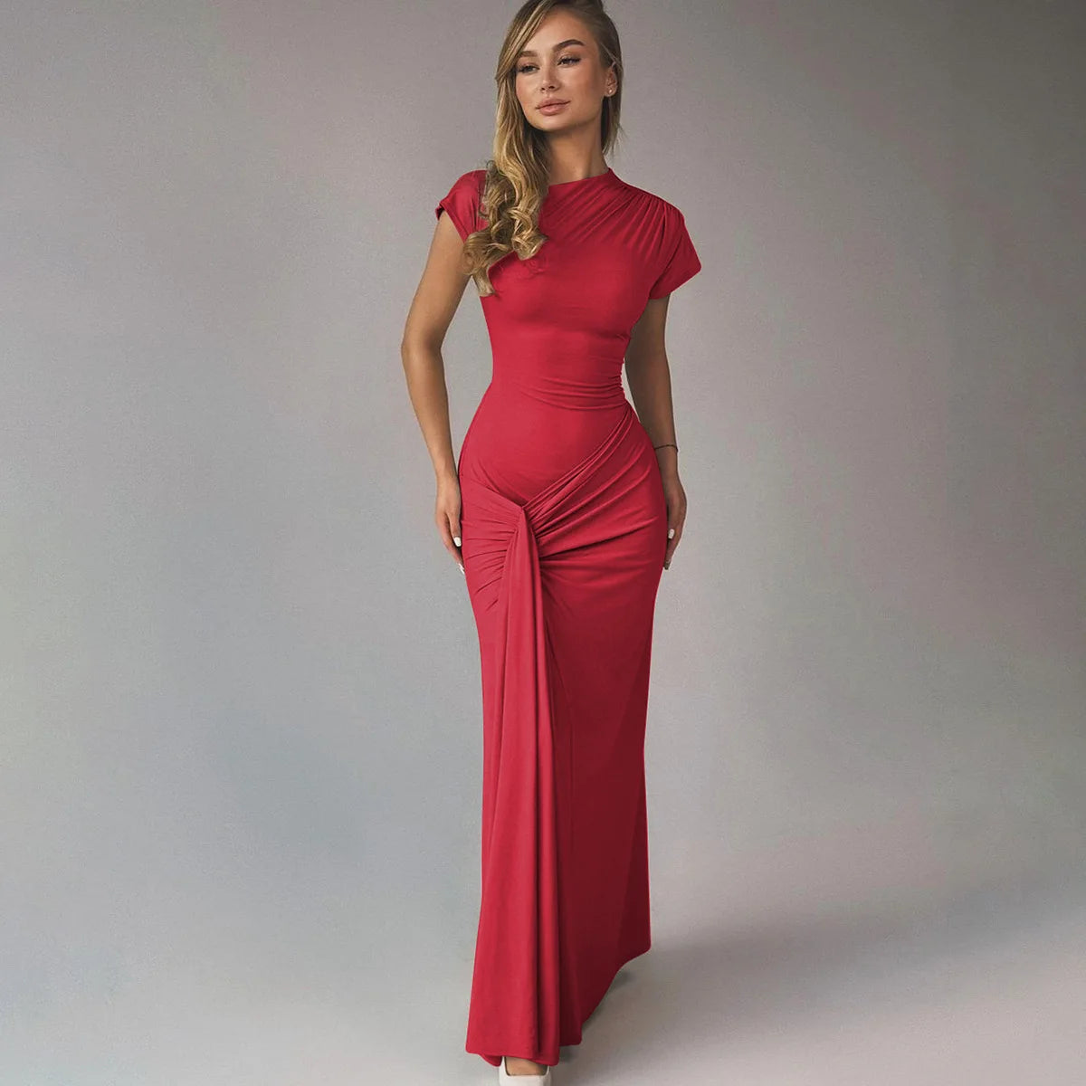 European and American Women's Clothing 2025 Summer New Fashion Elegant Slim Pleated Tie-waist Short-sleeved Dress