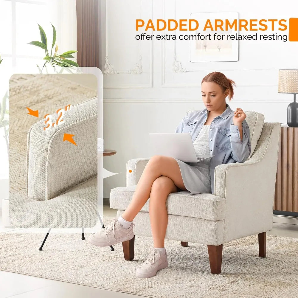 Mid-Century Accent Chairs Set of 2, Beige Upholstered Armchair Comfy Sofa Chairs Reading Chair High Back Living Room Bedroom Fu